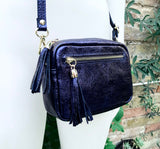 Metallic leather small purple - blue bag. GENUINE leather shoulder / crossbody bag. Purple - navy purse with adjustable strap + zipper.