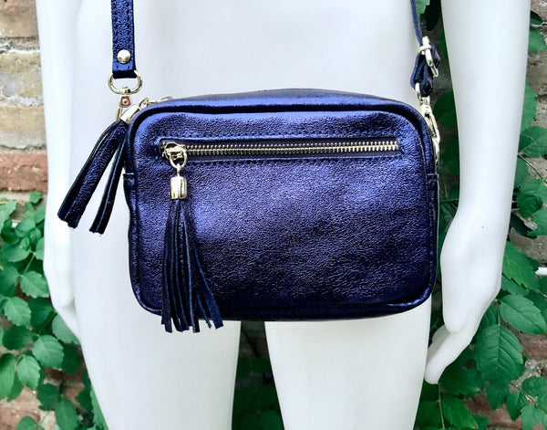 Metallic leather small purple - blue bag. GENUINE leather shoulder / crossbody bag. Purple - navy purse with adjustable strap + zipper.