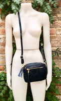 Navy blue small genuine leather bag. GENUINE leather shoulder / crossbody bag. Blue purse with adjustable strap + zipper. Navy purse