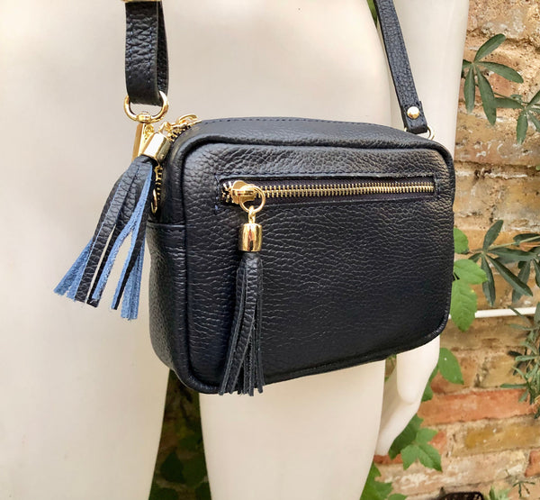 Navy blue small genuine leather bag. GENUINE leather shoulder / crossbody bag. Blue purse with adjustable strap + zipper. Navy purse