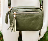 Small green leather bag. GENUINE leather shoulder or cross body bag. Khaki green leather purse with tassels, adjustable strap and zipper