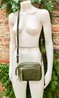 Small green leather bag. GENUINE leather shoulder or cross body bag. Khaki green leather purse with tassels, adjustable strap and zipper