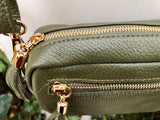 Small green leather bag. GENUINE leather shoulder or cross body bag. Khaki green leather purse with tassels, adjustable strap and zipper