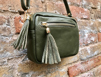 Small green leather bag. GENUINE leather shoulder or cross body bag. Khaki green leather purse with tassels, adjustable strap and zipper