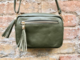 Small green leather bag. GENUINE leather shoulder or cross body bag. Khaki green leather purse with tassels, adjustable strap and zipper