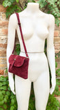 Burgundy suede leather bag. Crossbody bag in GENUINE leather. DARK RED small leather bag with adjustable strap and zipper. Wine red purse.