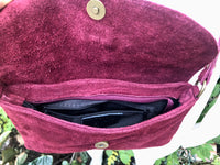 Burgundy suede leather bag. Crossbody bag in GENUINE leather. DARK RED small leather bag with adjustable strap and zipper. Wine red purse.