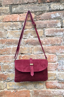 Burgundy suede leather bag. Crossbody bag in GENUINE leather. DARK RED small leather bag with adjustable strap and zipper. Wine red purse.