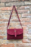 Burgundy suede leather bag. Crossbody bag in GENUINE leather. DARK RED small leather bag with adjustable strap and zipper. Wine red purse.