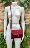 Burgundy suede leather bag. Crossbody bag in GENUINE leather. DARK RED small leather bag with adjustable strap and zipper. Wine red purse.