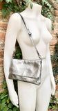 Small leather bag in SILVER. Cross body bag, shoulder bag in GENUINE leather. Metallic shine bag with adjustable strap, zipper and flap.