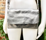 Small leather bag in SILVER. Cross body bag, shoulder bag in GENUINE leather. Metallic shine bag with adjustable strap, zipper and flap.