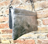 Small leather bag in SILVER. Cross body bag, shoulder bag in GENUINE leather. Metallic shine bag with adjustable strap, zipper and flap.