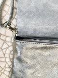 Small leather bag in SILVER. Cross body bag, shoulder bag in GENUINE leather. Metallic shine bag with adjustable strap, zipper and flap.