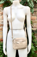 Small light beige leather bag. GENUINE leather shoulder / cross body bag. Cream beige leather purse with adjustable strap and zipper.