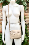 Small light beige leather bag. GENUINE leather shoulder / cross body bag. Cream beige leather purse with adjustable strap and zipper.