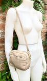 Small light beige leather bag. GENUINE leather shoulder / cross body bag. Cream beige leather purse with adjustable strap and zipper.