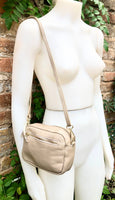 Small light beige leather bag. GENUINE leather shoulder / cross body bag. Cream beige leather purse with adjustable strap and zipper.