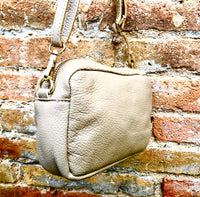 Small light beige leather bag. GENUINE leather shoulder / cross body bag. Cream beige leather purse with adjustable strap and zipper.