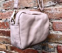 Small light PINK leather bag. GENUINE leather shoulder / cross body bag. Soft PINK leather purse with adjustable strap and zipper.