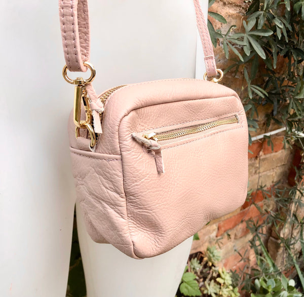 Small light PINK leather bag. GENUINE leather shoulder / cross body bag. Soft PINK leather purse with adjustable strap and zipper.