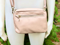 Small light PINK leather bag. GENUINE leather shoulder / cross body bag. Soft PINK leather purse with adjustable strap and zipper.