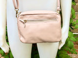 Small light PINK leather bag. GENUINE leather shoulder / cross body bag. Soft PINK leather purse with adjustable strap and zipper.