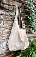 Beige slouch suede bag. Large tote bag in soft genuine leather. Beige leather shopper bag. Origami bag. Carry all bag for laptops, books etc