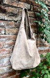 Beige slouch suede bag. Large tote bag in soft genuine leather. Beige leather shopper bag. Origami bag. Carry all bag for laptops, books etc