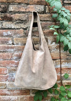 Beige slouch suede bag. Large tote bag in soft genuine leather. Beige leather shopper bag. Origami bag. Carry all bag for laptops, books etc