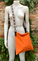 ORANGE suede messenger bag: 1 GUITAR strap + 1 brown strap. Soft genuine leather crossbody / shoulder bag. Green purse + embroidered strap