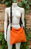 ORANGE suede messenger bag: 1 GUITAR strap + 1 brown strap. Soft genuine leather crossbody / shoulder bag. Green purse + embroidered strap