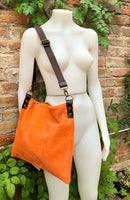 ORANGE suede messenger bag: 1 GUITAR strap + 1 brown strap. Soft genuine leather crossbody / shoulder bag. Green purse + embroidered strap