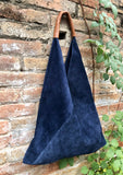 NAVY blue slouch suede bag. Genuine leather shoulder / shopper bag. Origami bag. Camel brown leather accent. Navy blue suede purse