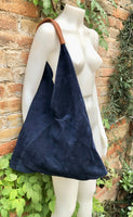 NAVY blue slouch suede bag. Genuine leather shoulder / shopper bag. Origami bag. Camel brown leather accent. Navy blue suede purse