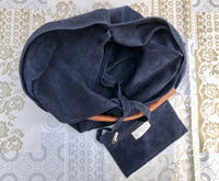 NAVY blue slouch suede bag. Genuine leather shoulder / shopper bag. Origami bag. Camel brown leather accent. Navy blue suede purse