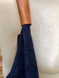 NAVY blue slouch suede bag. Genuine leather shoulder / shopper bag. Origami bag. Camel brown leather accent. Navy blue suede purse