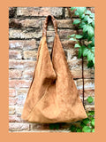 CAMEL brown suede slouch leather bag. Genuine leather large shoulder bag. Rusty brown origami bag with brown leather accent. Large shopper