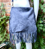 Blue - gray crossbody / shoulder bag. Denim blue boho suede bag with FRINGES. Genuine leather messenger with 2 straps. Blue suede purse