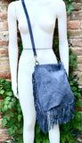 Blue - gray crossbody / shoulder bag. Denim blue boho suede bag with FRINGES. Genuine leather messenger with 2 straps. Blue suede purse