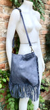 Blue - gray crossbody / shoulder bag. Denim blue boho suede bag with FRINGES. Genuine leather messenger with 2 straps. Blue suede purse