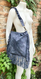 Blue - gray crossbody / shoulder bag. Denim blue boho suede bag with FRINGES. Genuine leather messenger with 2 straps. Blue suede purse