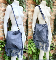 Blue - gray crossbody / shoulder bag. Denim blue boho suede bag with FRINGES. Genuine leather messenger with 2 straps. Blue suede purse