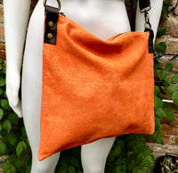 ORANGE suede messenger bag with brown strap. Soft genuine leather crossbody / shoulder bag .or books, tablets. ORANGE suede purse