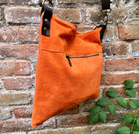 ORANGE suede messenger bag with brown strap. Soft genuine leather crossbody / shoulder bag .or books, tablets. ORANGE suede purse