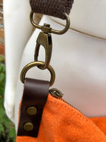 ORANGE suede messenger bag with brown strap. Soft genuine leather crossbody / shoulder bag .or books, tablets. ORANGE suede purse