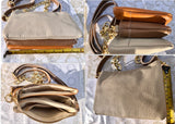 Small cross body bag. Camel brown, taupe, cream beige GENUINE leather purse. Gold metal chain strap + crossbody leather strap. 3 zippers.