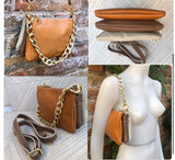 Small cross body bag. Camel brown, taupe, cream beige GENUINE leather purse. Gold metal chain strap + crossbody leather strap. 3 zippers.