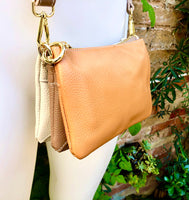 Small cross body bag. Camel brown, taupe, cream beige GENUINE leather purse. Gold metal chain strap + crossbody leather strap. 3 zippers.