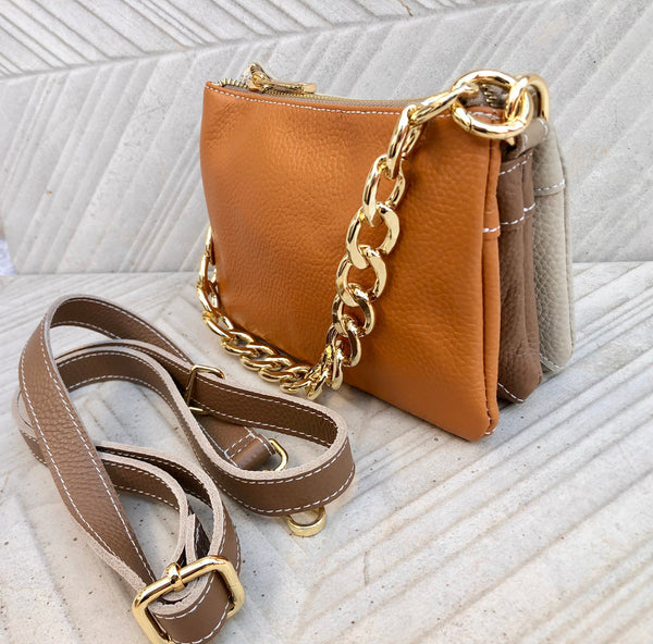 Small cross body bag. Camel brown, taupe, cream beige GENUINE leather purse. Gold metal chain strap + crossbody leather strap. 3 zippers.